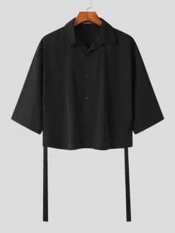 Mens Solid Lapel Button Up Loose 3/4 Sleeve Shirt -Incerun Shop ae16b6c6 18b6 4c73 8e89 7f473cff1631