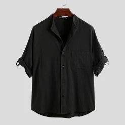 Mens Solid Color Chest Pocket Half Sleeve Stand Collar Breathable Casual Shirts -Incerun Shop ae17e57b e509 45a5 8e83 60d5a3f74c80