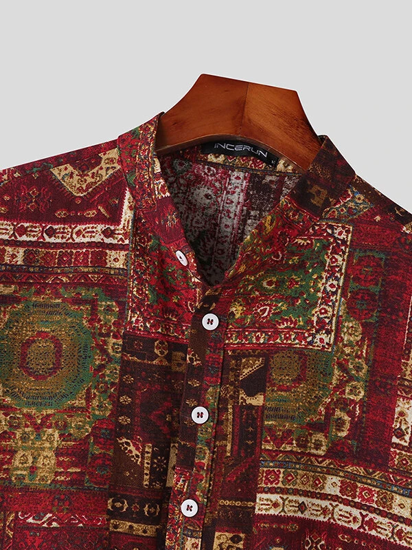 Mens Ethnic Geometric Pattern Half Button 100%Cotton Henley Shirt 7 Mens Ethnic Geometric Pattern Half Button 100%Cotton Henley Shirt - Image 5
