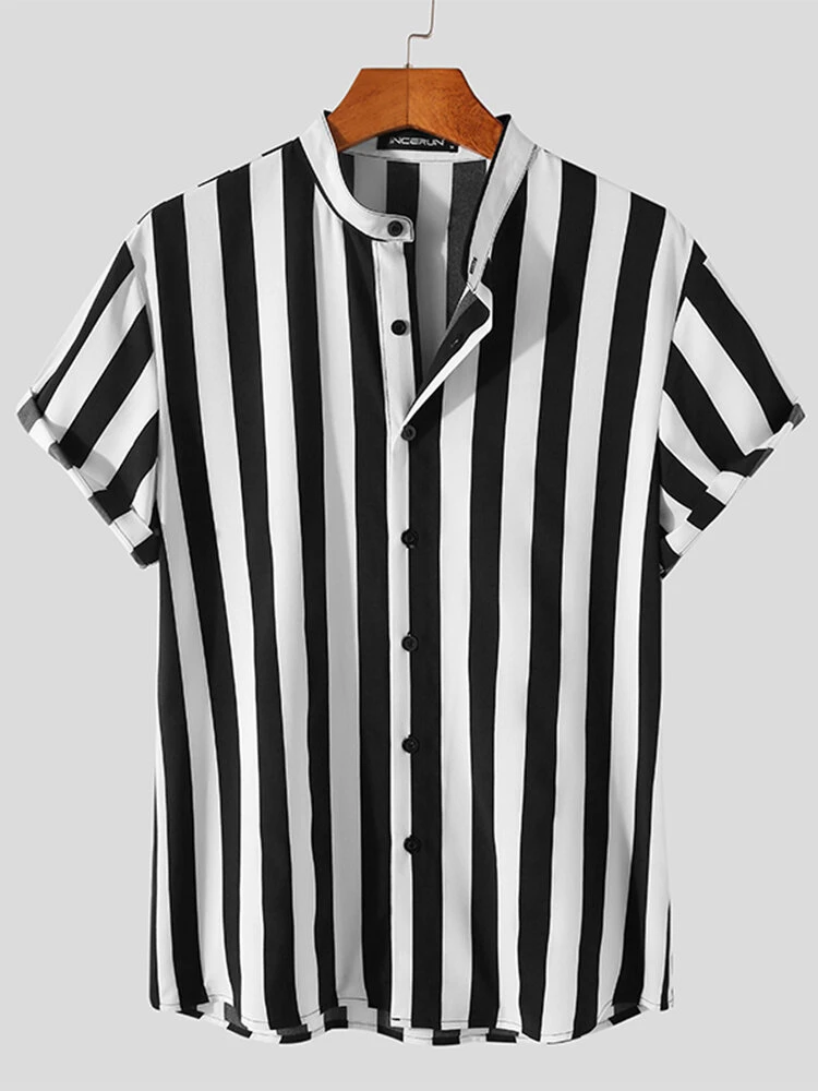 Men Vintage Stand-up Collar Short Sleeve Striped Shirt 3 Men Vintage Stand-up Collar Short Sleeve Striped Shirt