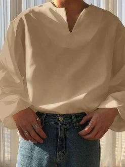 Mens Solid V-Neck Long Sleeve Casual Loose T-Shirt -Incerun Shop aebd1f2d a0c4 4218 8f63 4666b87a6711