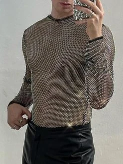 Mens Shiny Mesh See-Through Long Sleeve T-Shirt
