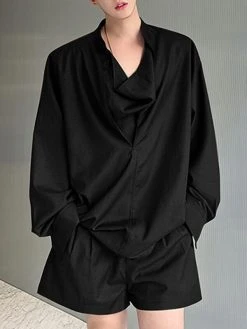 Mens Solid Cowl Neck Casual Two Pieces Outfits -Incerun Shop afbdc170 1be2 4397 b883 5c8b359a16ad