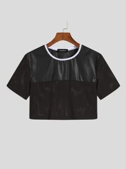 Men Mesh Patchwork Artificial Leather Short Crop Top -Incerun Shop afd5b998 067f 4676 817f 34a1713dc444