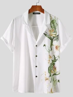 Mens Flower Print Revere Collar Short Sleeve Shirt