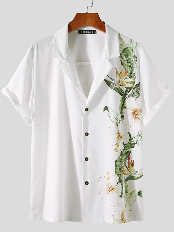 Mens Flower Print Revere Collar Short Sleeve Shirt 3 Mens Flower Print Revere Collar Short Sleeve Shirt