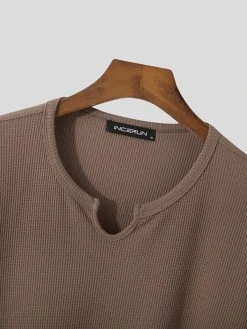 Mens Waffle Knit Notched Neck Drop Shoulder Loose T-Shirt -Incerun Shop b05cb37c f331 480b 98a6 29675bed9f3d