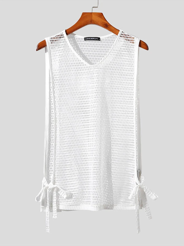 Mens Fishnet Side Split Tie V-Neck Sleeveless Tank 5 Mens Fishnet Side Split Tie V-Neck Sleeveless Tank - Image 3