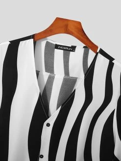 Mens Wave Striped V-Neck Casual Short Sleeve Shirt -Incerun Shop b1881c9f d730 4359 af0a 4b68f3a1243a