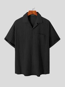 Mens Textured Stripe Camp Collar Pocket Shirt -Incerun Shop b25f2894 24bd 492f a56f 12ae0987fe8a