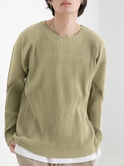Mens Pleated Round Neck Long Sleeve T-Shirt