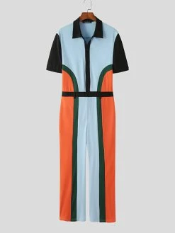 Mens Multicolor Patchwork Short Sleeve Lapel Jumpsuit -Incerun Shop b2e43f26 6fc0 415a 81c8 05984ea85d8e