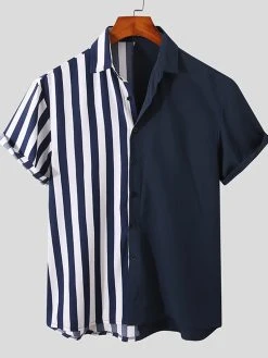 Mens Striped Pattern Patchwork Button Short Sleeve Shirt