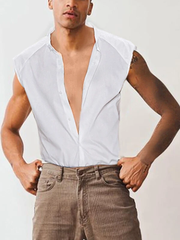 Mens Solid Workout Button Down Sleeveless Shirt 3 Mens Solid Workout Button Down Sleeveless Shirt