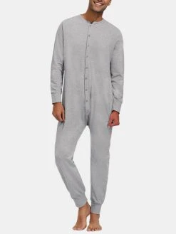 Pure Color Casual Thin Soft Home Long Sleeve O-Neck Button Jumpsuit Onesies For Men