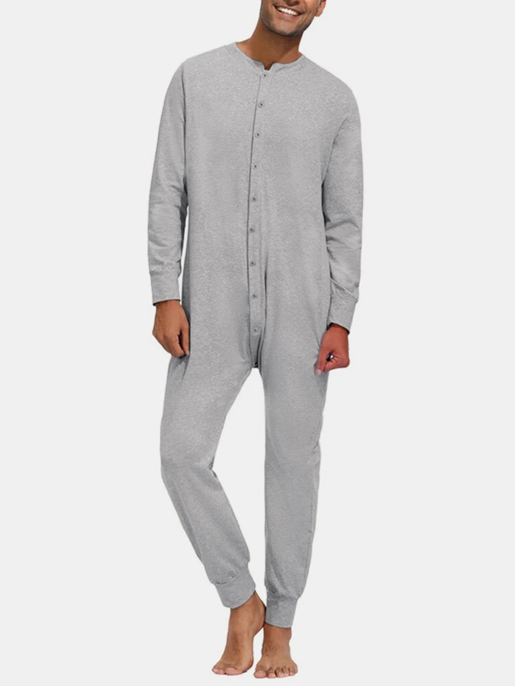Pure Color Casual Thin Soft Home Long Sleeve O-Neck Button Jumpsuit Onesies For Men 3 Pure Color Casual Thin Soft Home Long Sleeve O-Neck Button Jumpsuit Onesies For Men