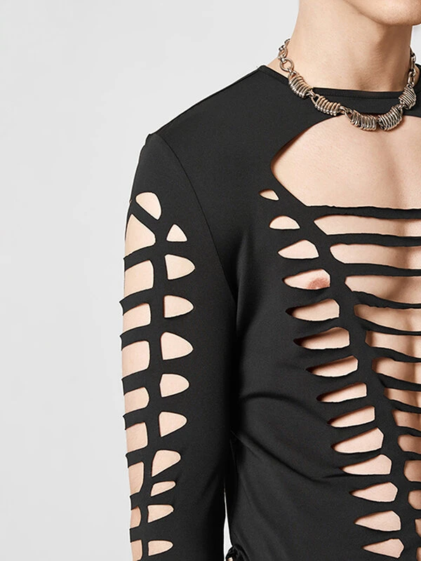 Mens Cutout Design Crew Neck Long Sleeve T-Shirt 6 Mens Cutout Design Crew Neck Long Sleeve T-Shirt - Image 4