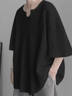 Mens Waffle Knit Notched Neck Drop Shoulder Loose T-Shirt