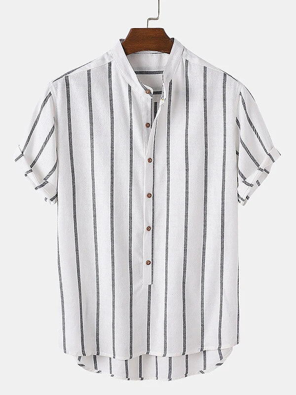 Mens Stripe Pattern Short Sleeve Button Stand Collar Shirt 3 Mens Stripe Pattern Short Sleeve Button Stand Collar Shirt