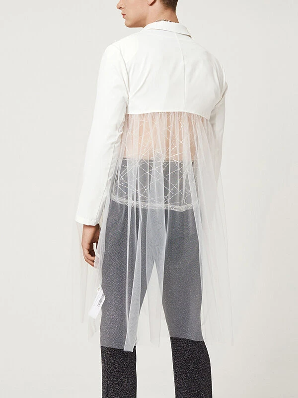 Mens See Through Mesh Patchwork Lapel Long Sleeve Blazer 4 Mens See Through Mesh Patchwork Lapel Long Sleeve Blazer - Image 2