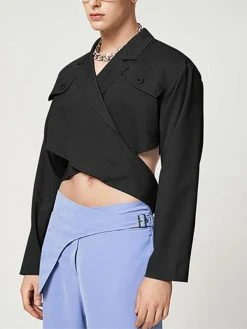 Mens Solid Irregular Cross Cutout Crop Blazer -Incerun Shop b6d5a425 acfe 414d b6ed 5e0205e933fe