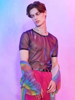 Men See-through Two-tone Short Sleeved T-Shirt