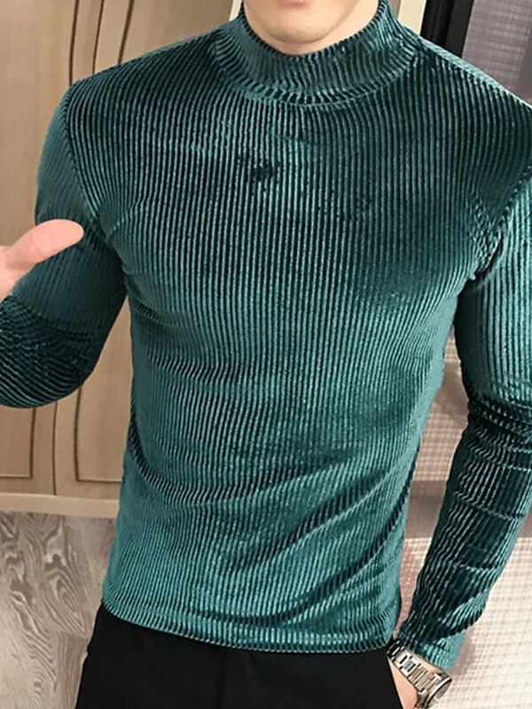 Mens High Neck Velvet Striped Long-sleeved T-Shirt 4 Mens High Neck Velvet Striped Long-sleeved T-Shirt - Image 2