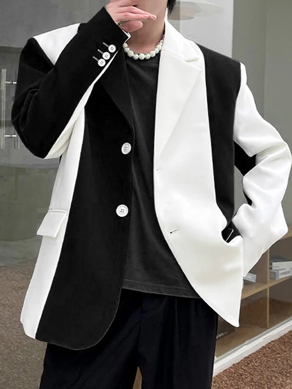 Mens Contrast Patchwork Lapel Single Breasted Casual Blazer 4 Mens Contrast Patchwork Lapel Single Breasted Casual Blazer - Image 2