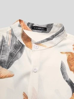 Mens Leaves Print 3/4 Sleeve Stand Collar Shirt -Incerun Shop b87d0ac2 f019 4a4d 9d37 f38fb574d967