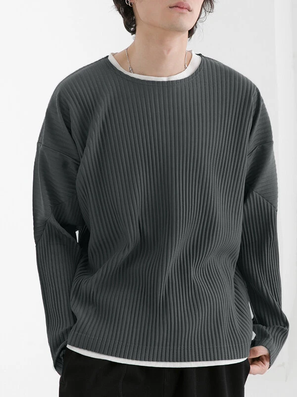 Mens Pleated Round Neck Long Sleeve T-Shirt 5 Mens Pleated Round Neck Long Sleeve T-Shirt - Image 3