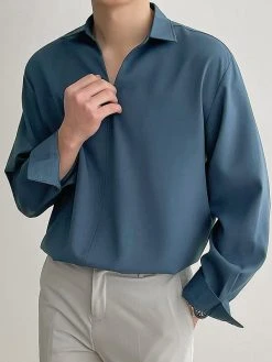 Men Loose Solid Color Long Sleeve Shirt -Incerun Shop b9317c61 3298 42ec 8f00 49d3bade3d23