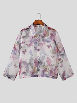Mens Butterfly Print See Through Lapel Button Up Shirt -Incerun Shop b9fb4228 dbf4 4a8e b03b 6088863f8fb0