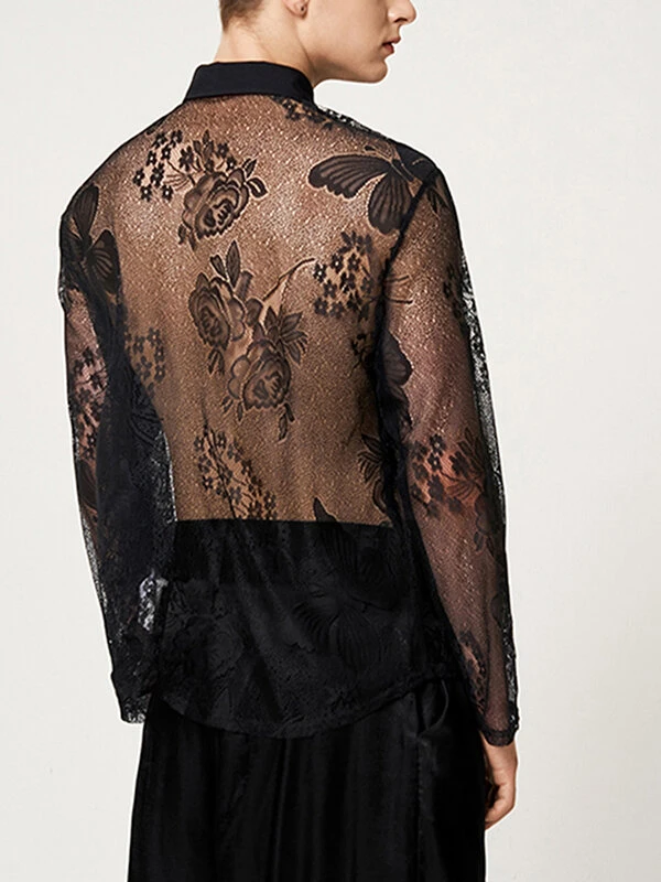 Mens Lace See Through Bowknot Long Sleeve Shirt 7 Mens Lace See Through Bowknot Long Sleeve Shirt - Image 5