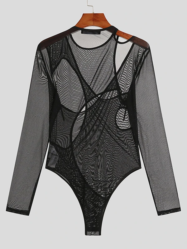 Mens Irregular Mesh Long-sleeved Triangle Bodysuit 5 Mens Irregular Mesh Long-sleeved Triangle Bodysuit - Image 3
