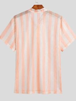 Mens Striped Mesh See Through Short Sleeve Shirt -Incerun Shop babe4858 86cd 4df1 a83a cb5c3b955b38