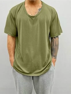 Mens Solid U-Neck Short Sleeve Loose T-Shirt