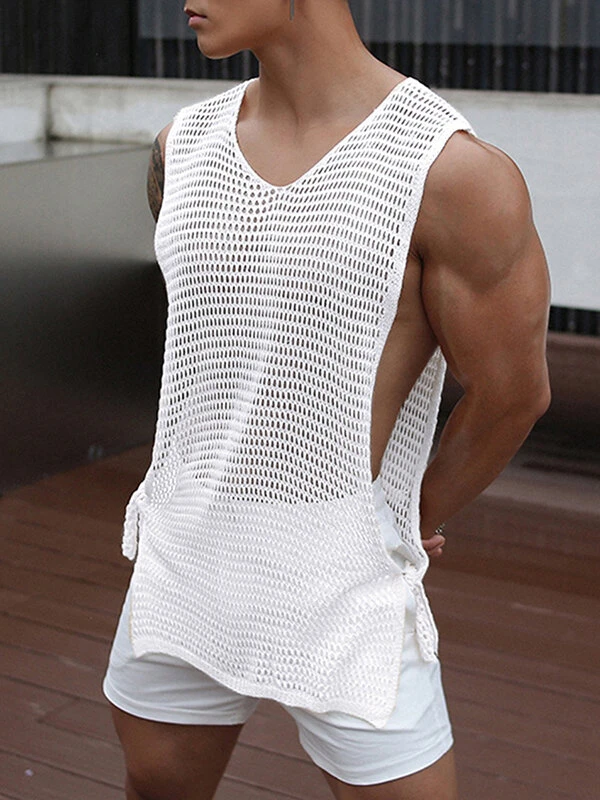 Mens Fishnet Side Split Tie V-Neck Sleeveless Tank 3 Mens Fishnet Side Split Tie V-Neck Sleeveless Tank