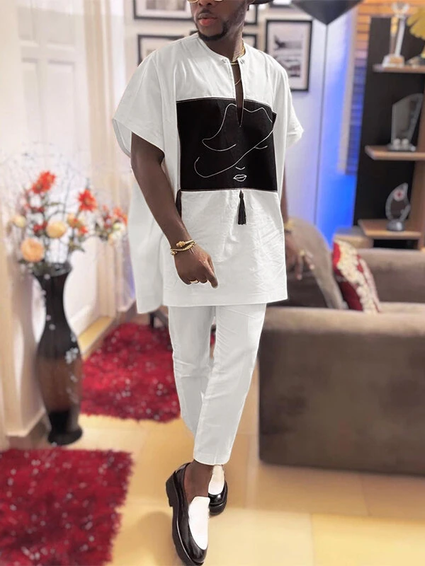 Mens Muslim Abstract Print Fringe Design Two Pieces Outfits 4 Mens Muslim Abstract Print Fringe Design Two Pieces Outfits - Image 2