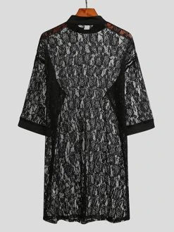 Mens Rose Lace Transparent Flower Pattern Thin Sexy Plain Robs -Incerun Shop bdac98dc 6947 4e42 b522 e8e1e38873e3