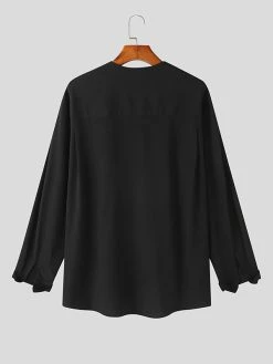 Mens Solid Texture Notched Neck Long Sleeve Shirt -Incerun Shop bdcda217 cc9e 457e ba7f 432f191bb797