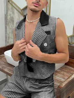 Men Plaid Double Breasted 2 Piece Set -Incerun Shop bdfd6801 9a2a 4797 8e75 3502c40f66a5