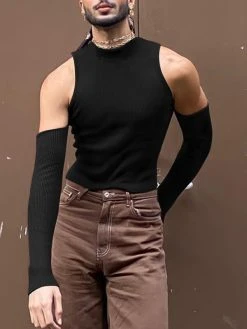 Mens Off Shoulder Cutout Long-sleeved T-shirt