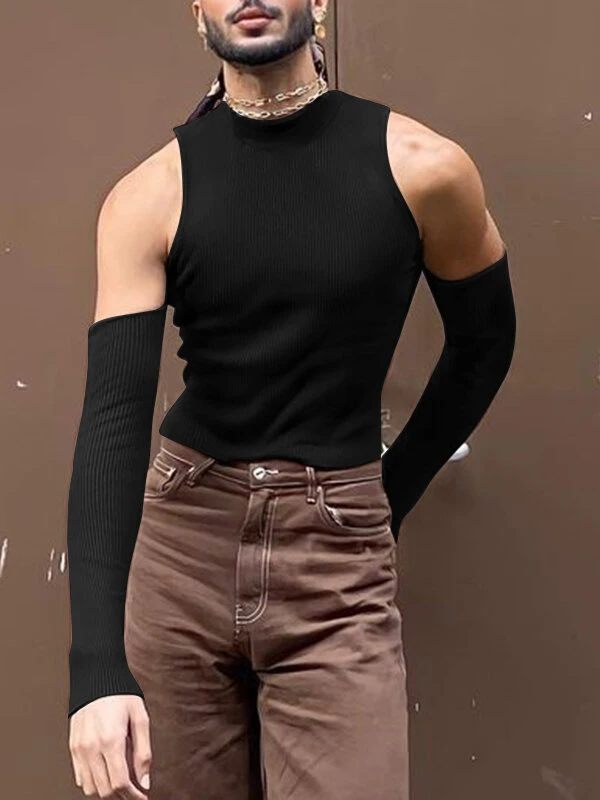 Mens Off Shoulder Cutout Long-sleeved T-shirt 3 Mens Off Shoulder Cutout Long-sleeved T-shirt