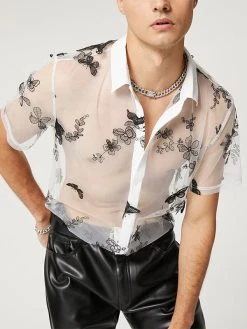 Mens Butterfly Mesh See Through Lapel Shirt