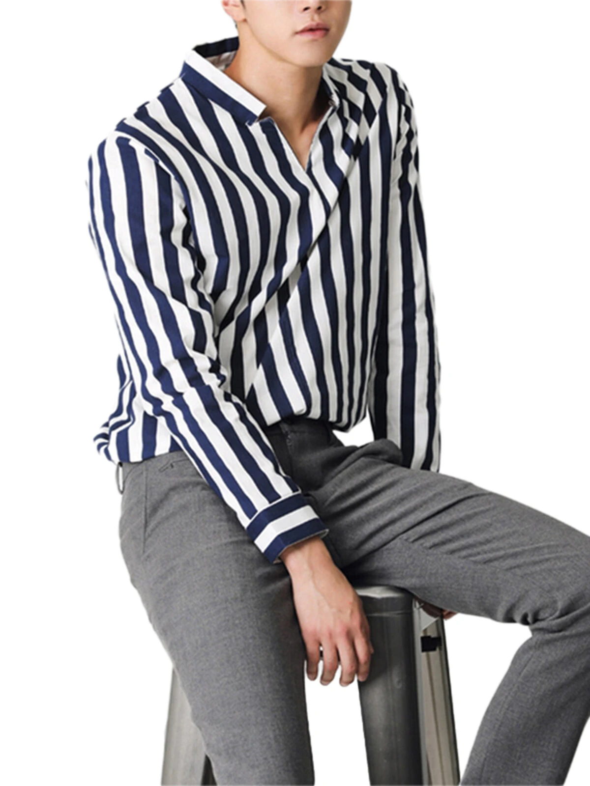 Men's Stand Collar V-neck Striped Shirts 4 Men's Stand Collar V-neck Striped Shirts - Image 2