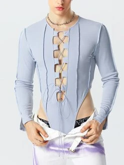 Mens Solid Lace-Up Long Sleeve Bodysuit