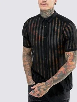 Mens Sexy See-Through Striped Mesh Night Club Party Short Sleeve Shirt