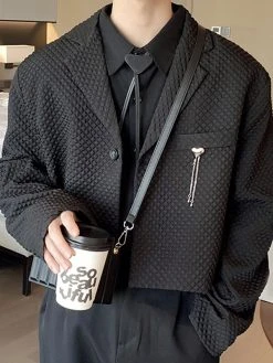 Mens Waffle Textured Long Sleeve Crop Blazer