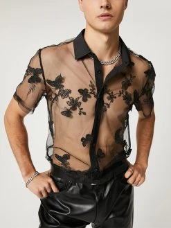 Mens Butterfly Mesh See Through Lapel Shirt -Incerun Shop c07a0b01 aa57 48c8 bcb7 60619f79720c