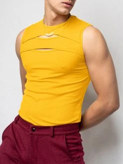 Mens Solid Cutout Sleeveless Casual Tank